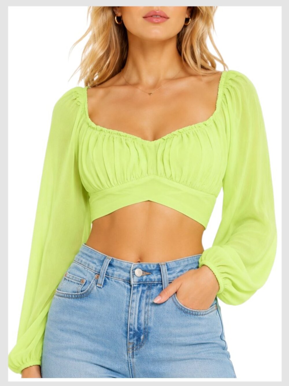 NWT Green Mesh Sleeve Crop top w/ Tie